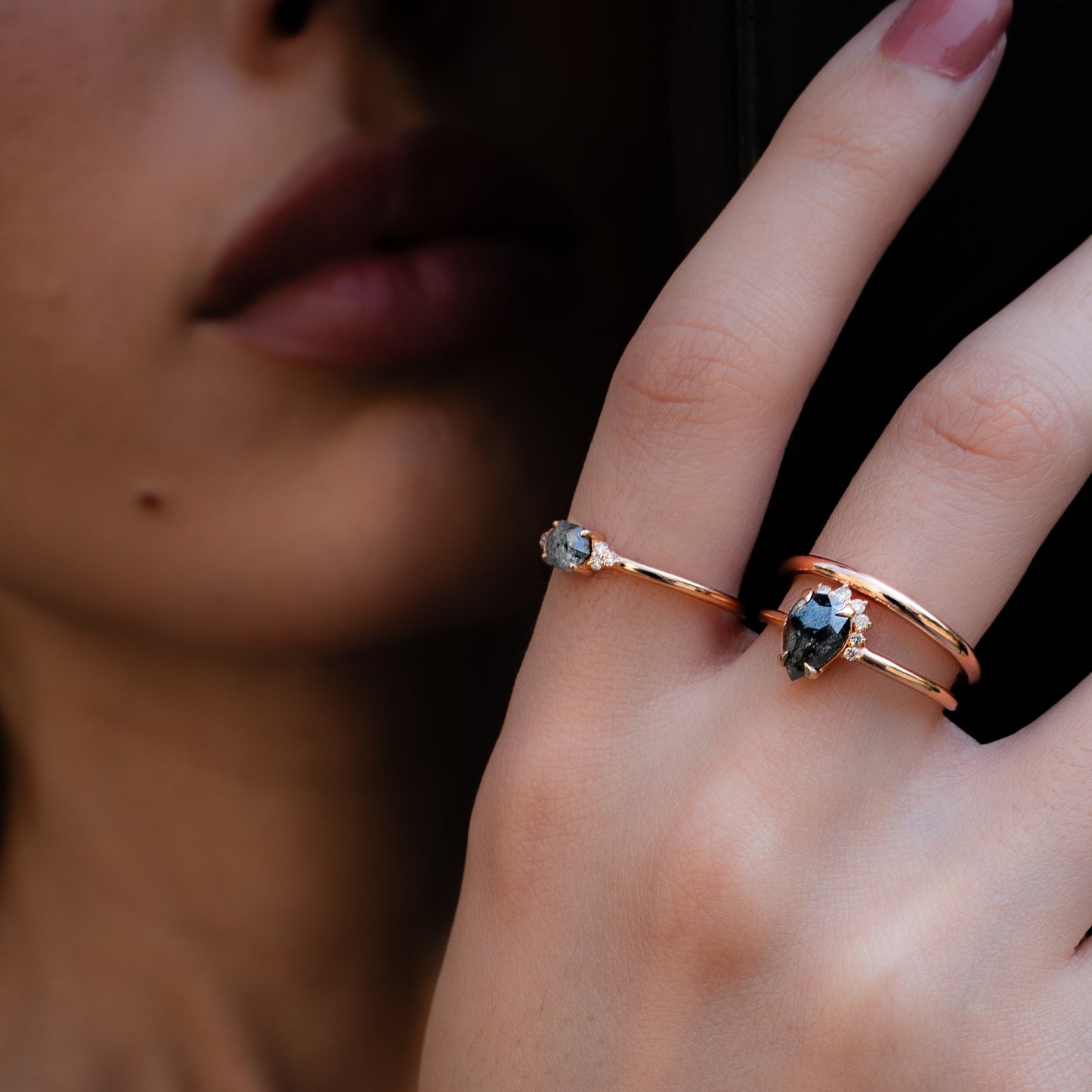 East-West Hexagon Salt & Pepper Diamond Ring | Rose Gold