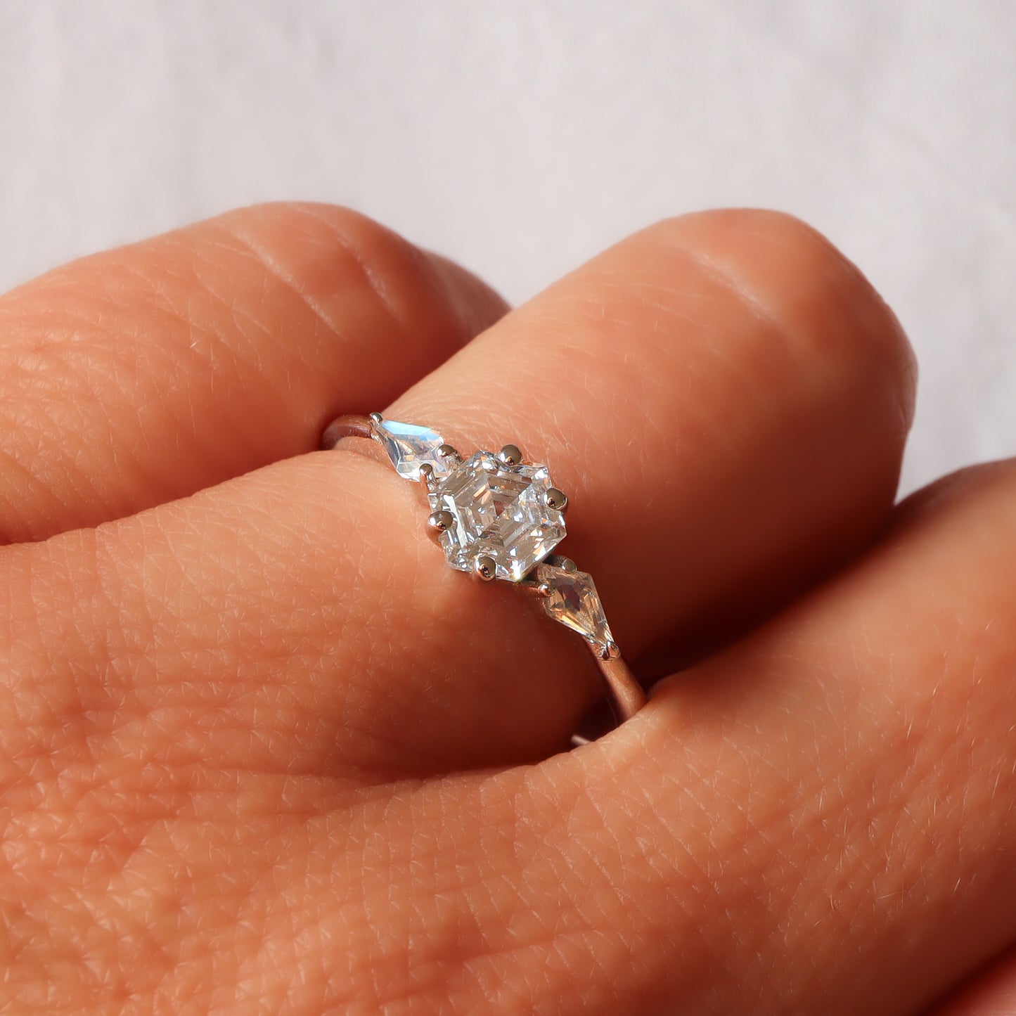 Hexagon Diamond and Moonstone Trilogy Ring | White Gold