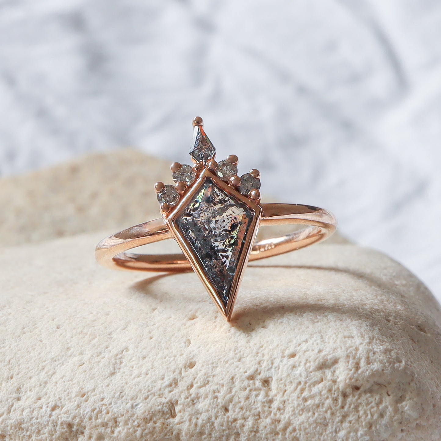 Geometric Salt & Pepper Diamond Crown Ring | Rose Gold