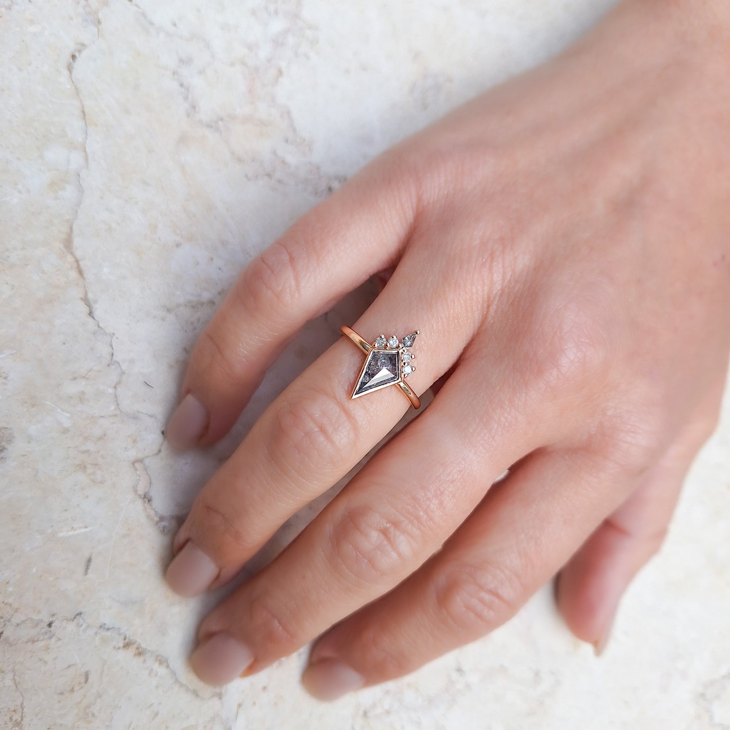 Geometric Salt & Pepper Diamond Crown Ring | Rose Gold
