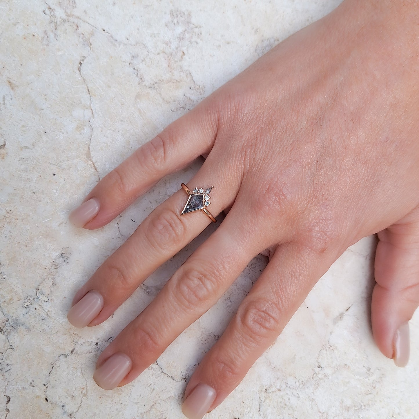 Geometric Salt & Pepper Diamond Crown Ring | Rose Gold