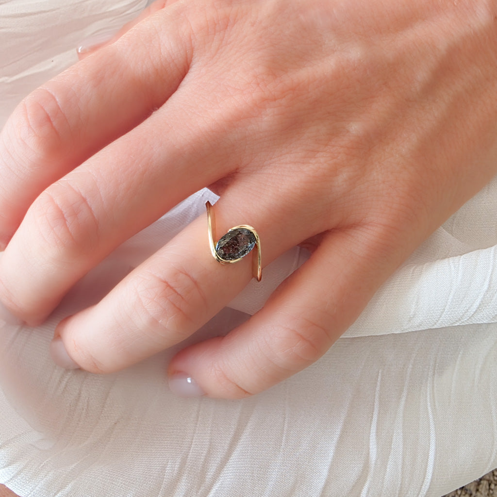 Wrapped Aquamarine & Moss Agate Ring | Yellow Gold