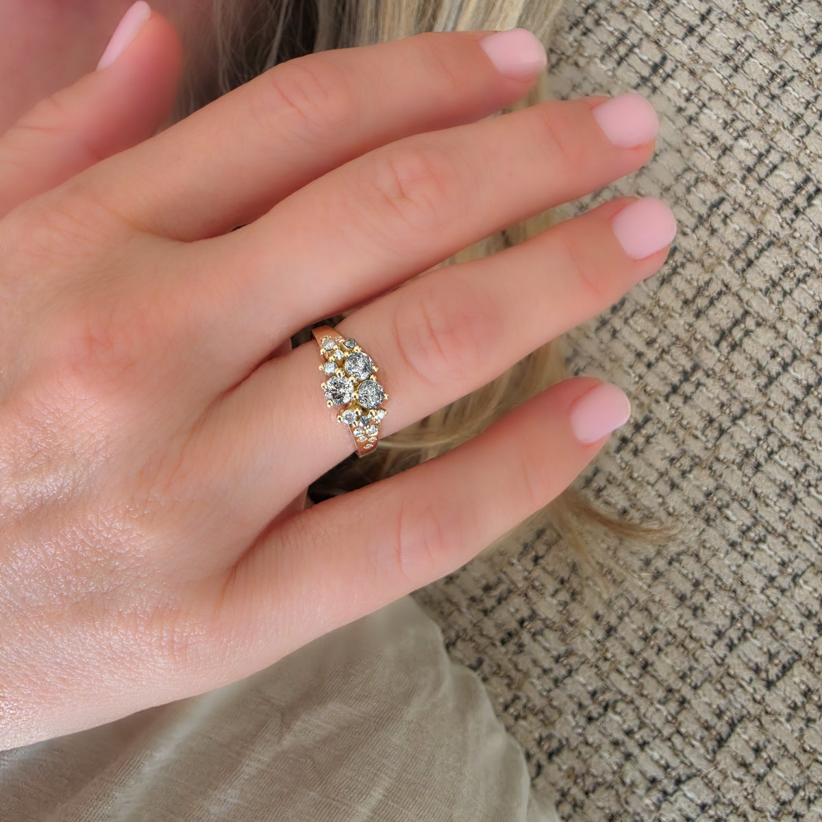 Galaxy Salt & Pepper Diamond cluster ring worn on the hand, natural diamonds in 14K yellow gold – Dina Jewelry