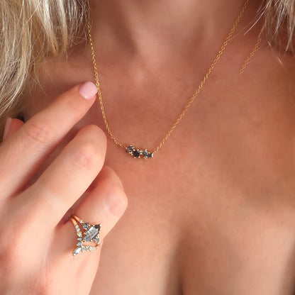 Galaxy necklace worn on the neck: natural Salt & Pepper Diamonds in oval, hexagon, kite and round cuts – Dina Jewelry