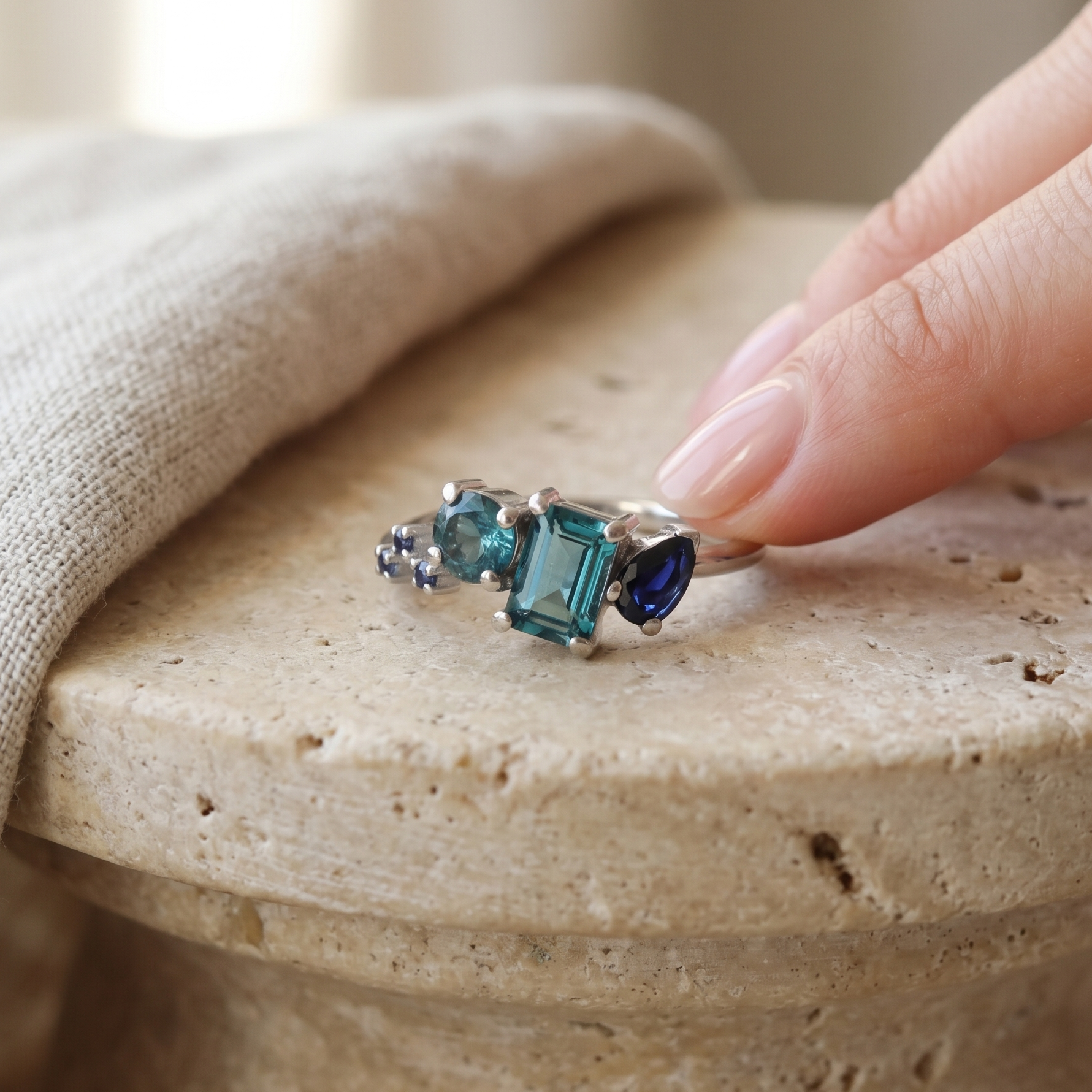blue Sapphire and topaz asymmetrical ring in white gold.