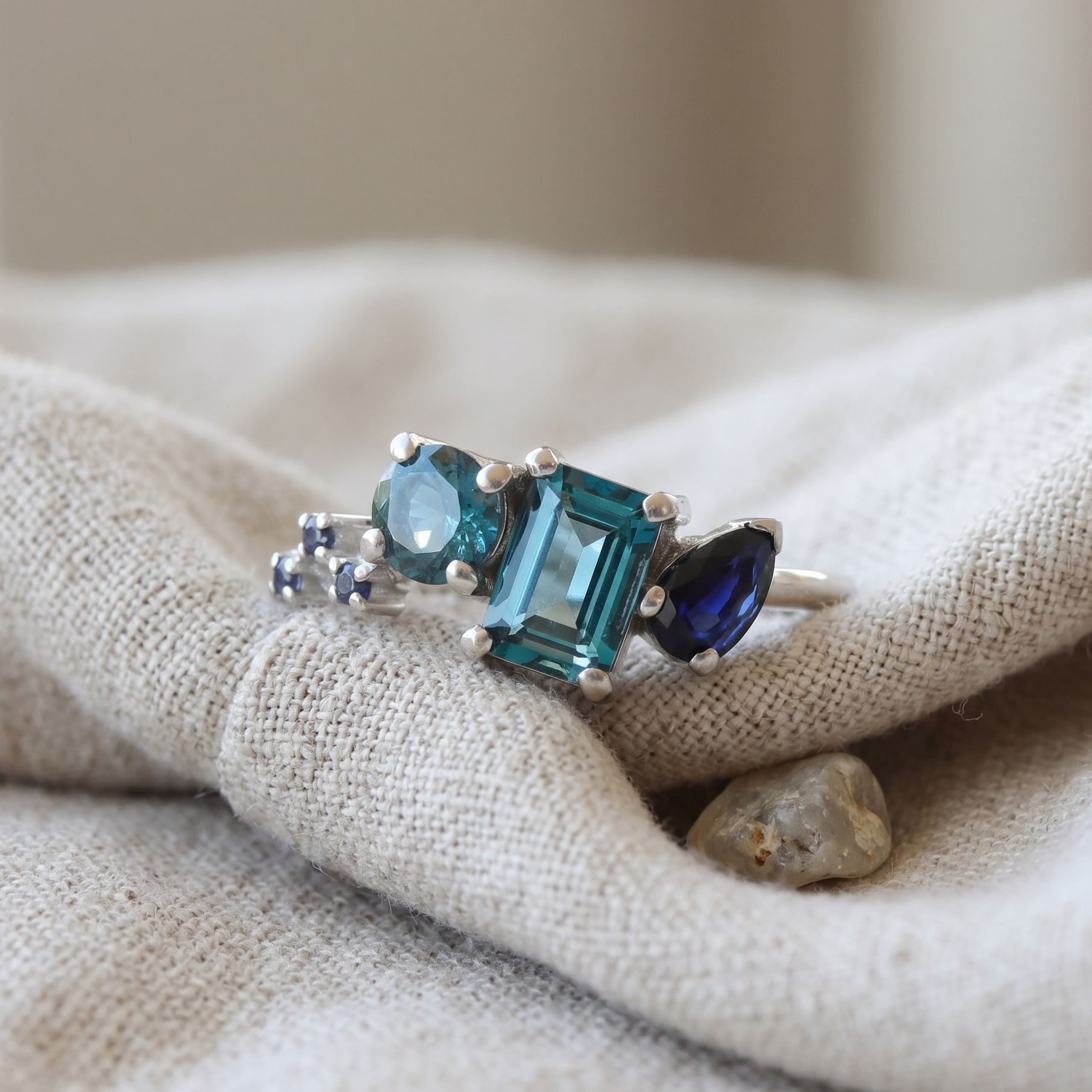 White gold gemstone ring featuring topaz and sapphire in an asymmetrical layout.