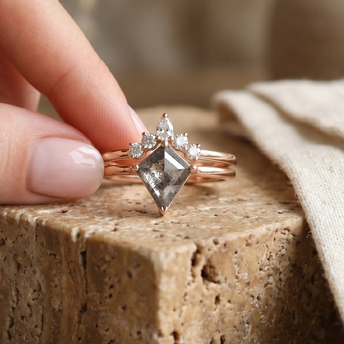 Salt & Pepper Rhombus Ring Set | Rose Gold