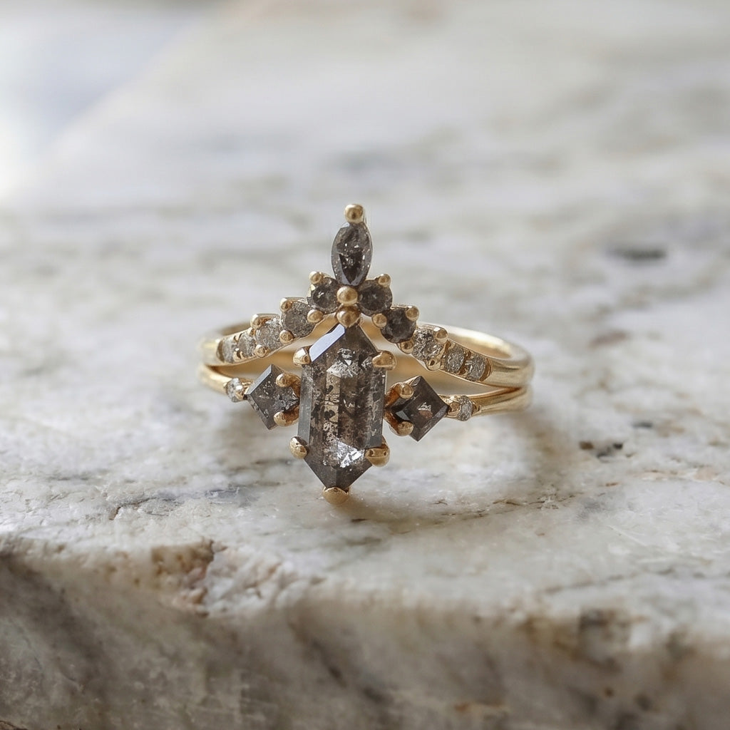 Curved "V" Salt & Pepper Cluster Ring | Yellow Gold