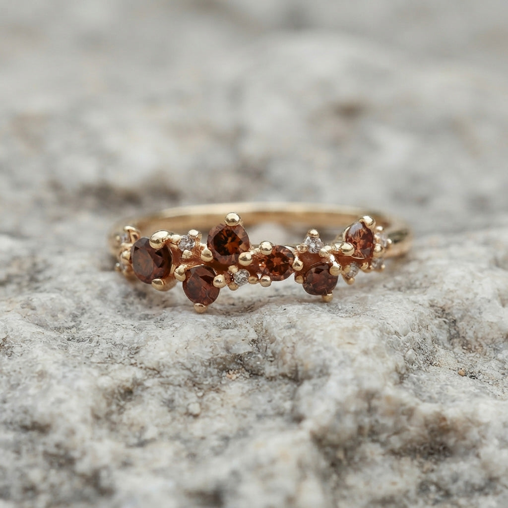 14K brown diamond cluster ring accented with white clear diamonds.
