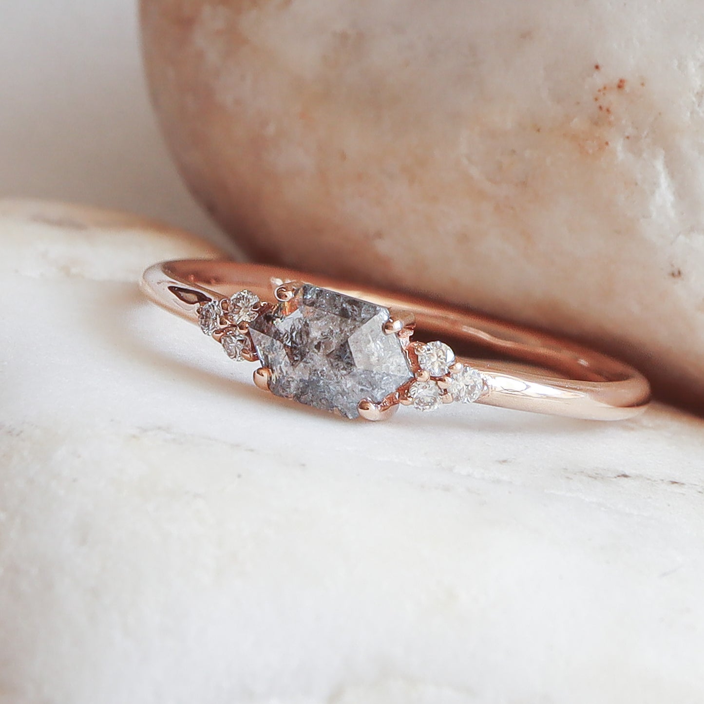 East-West Hexagon Salt & Pepper Diamond Ring | Rose Gold