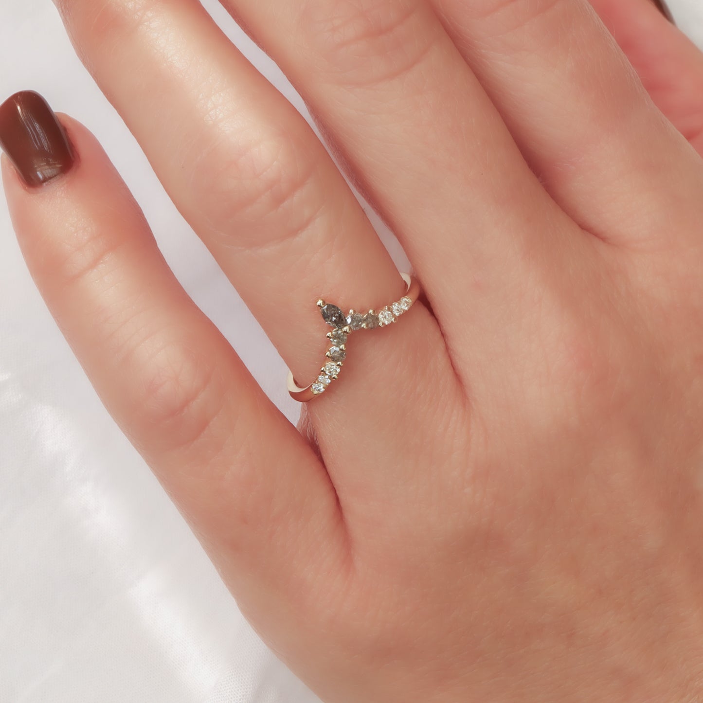 Curved "V" Salt & Pepper Cluster Ring | Yellow Gold