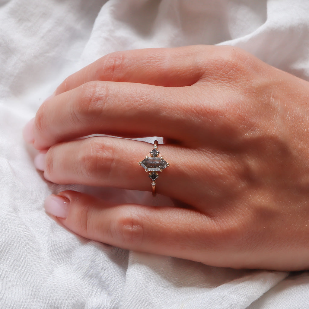 Hexagon salt & pepper diamond ring accented with two princess cut and white round diamonds.