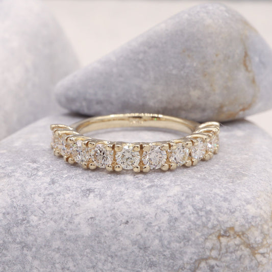 Solid gold eternity ring featuring round brilliant diamonds.