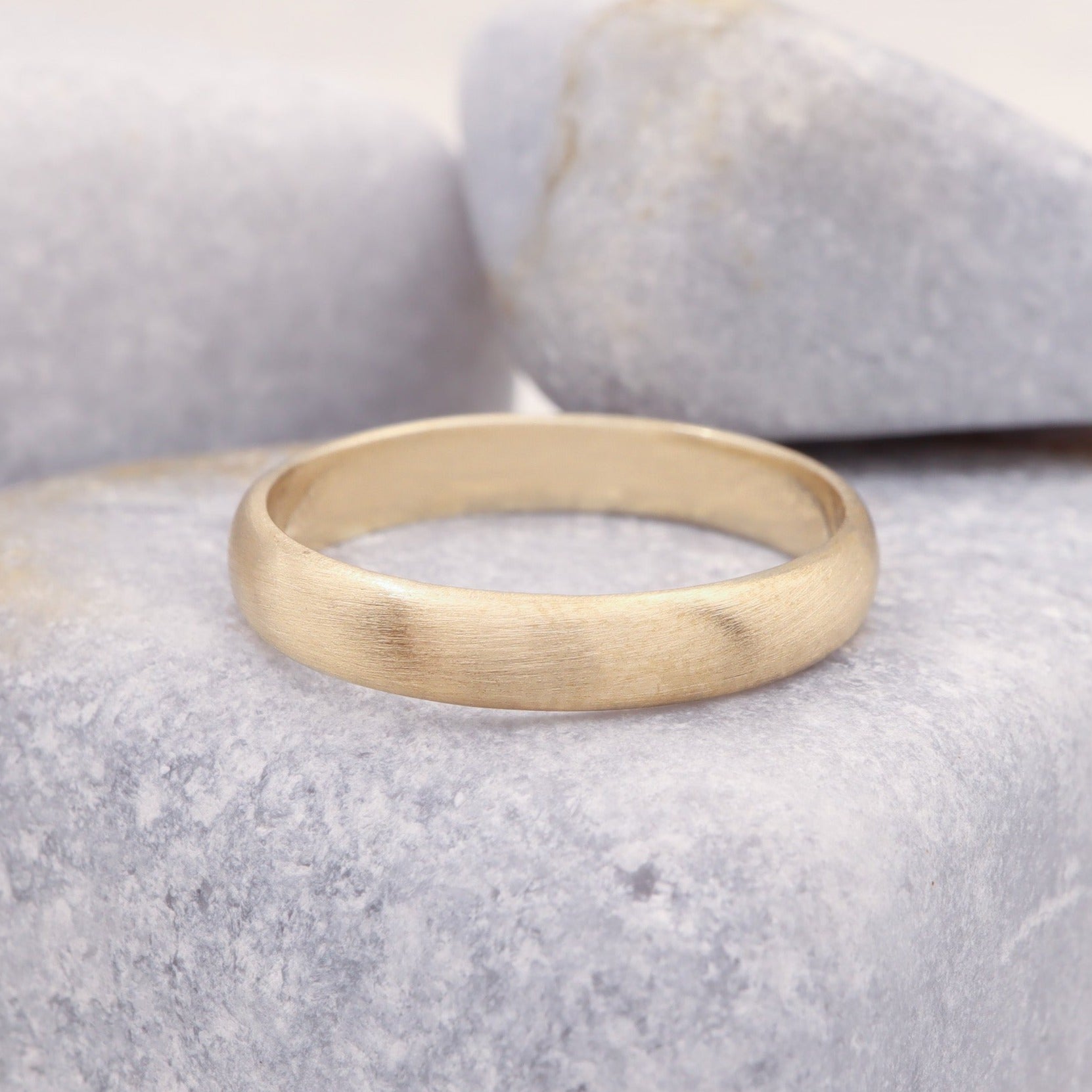 Yellow Gold Wedding Band in Brushed Matte Finish for a rustic feel.