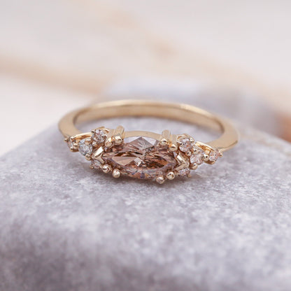 Brown diamond marquise ring with round diamonds accent, art deco style gold ring.