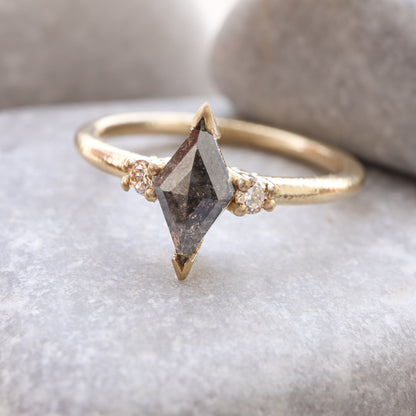 Salt and Pepper Diamond in Kite Shape, Rustic Engagement Ring for Women.