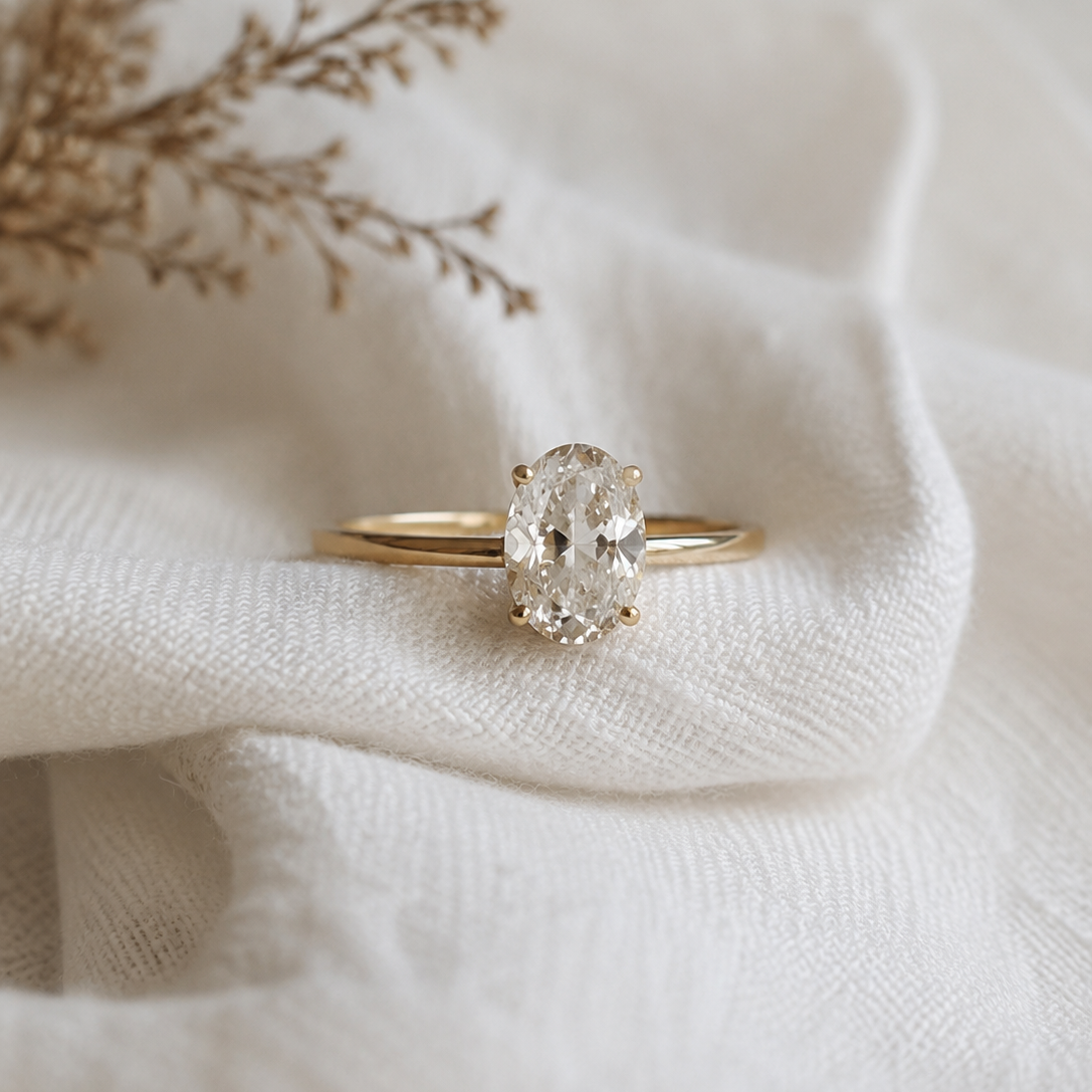 1ct oval diamond in a solitaire classic design.