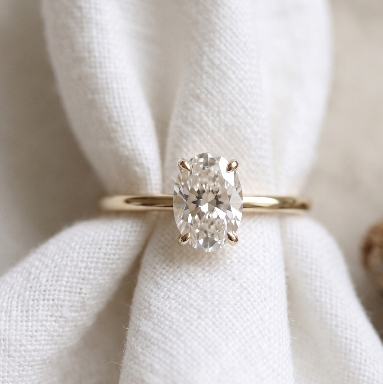 Oval diamond solitaire ring in yellow gold. 