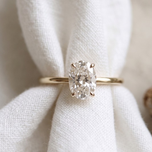 Oval diamond solitaire ring in yellow gold. 