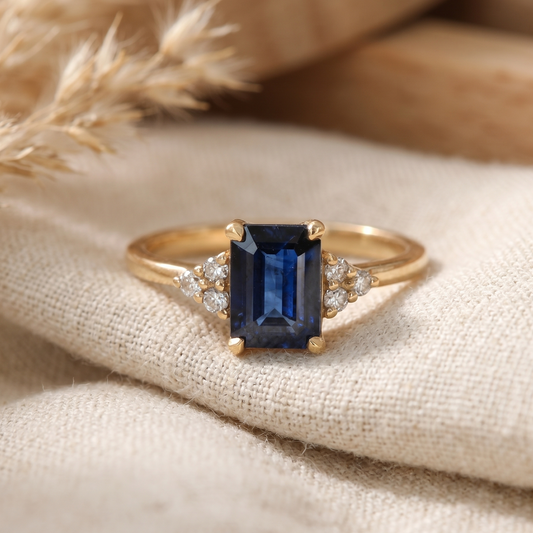 Unique blue sapphire in yellow gold accented with three clear diamond on each side.
