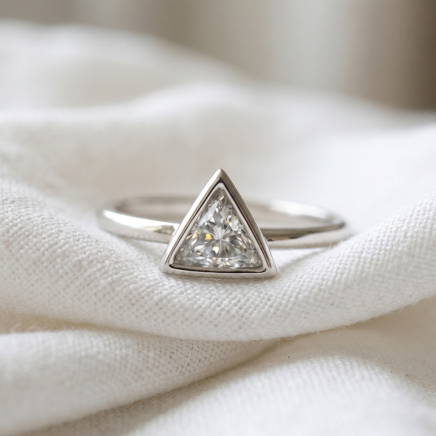 Triangle cut diamond in a white gold bezel setting engagement ring