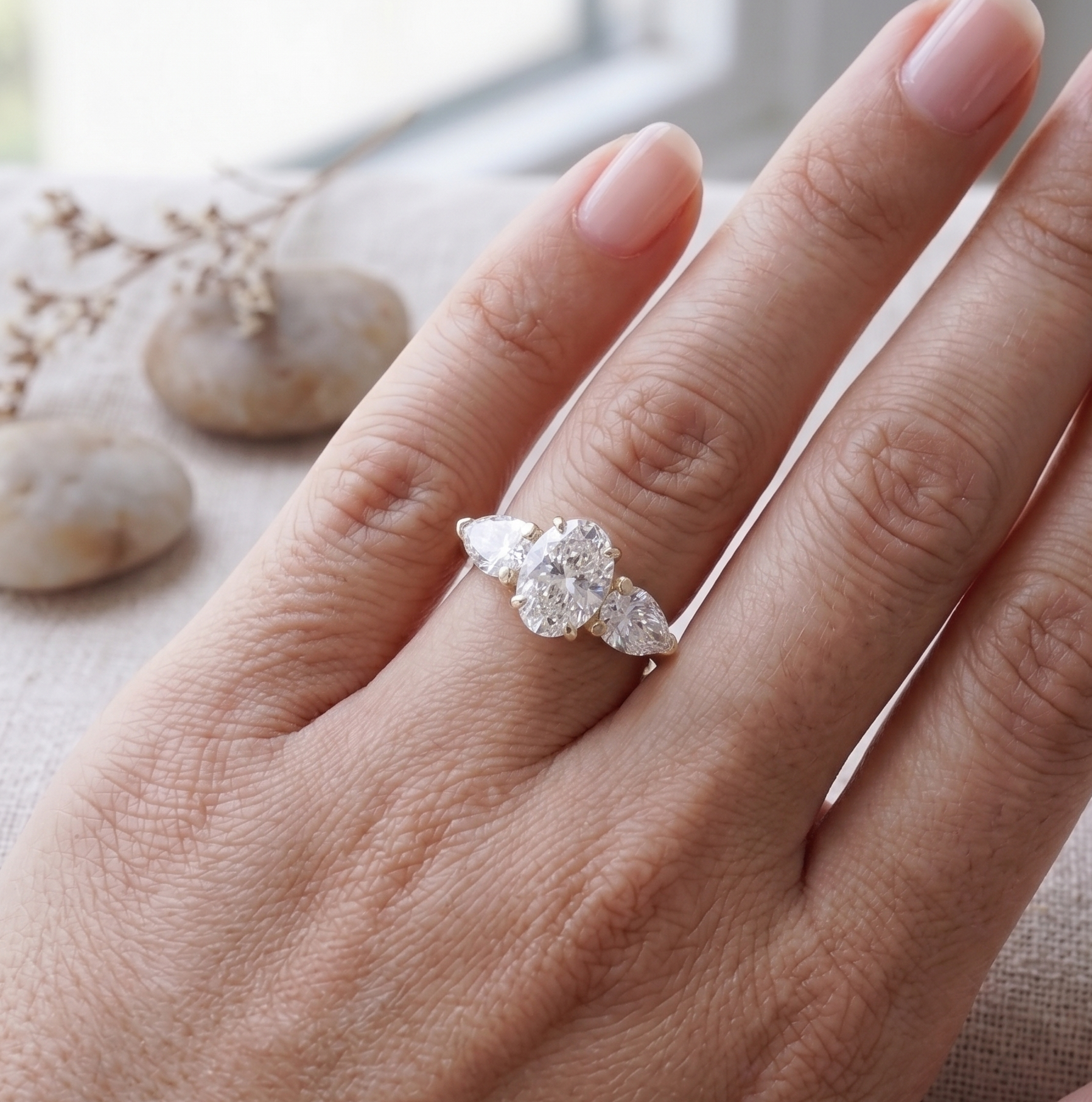 Gold three stone engagement ring featuring oval diamond and two pear shapes on a woman's finger.