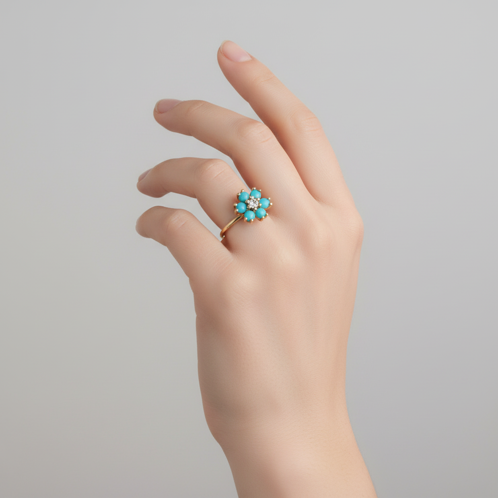 טבעת פרח | יהלום ואבני טורקיז