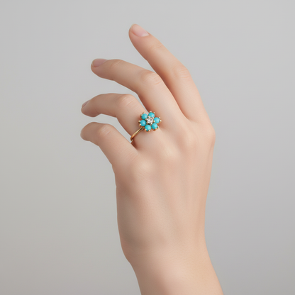 טבעת פרח | יהלום ואבני טורקיז