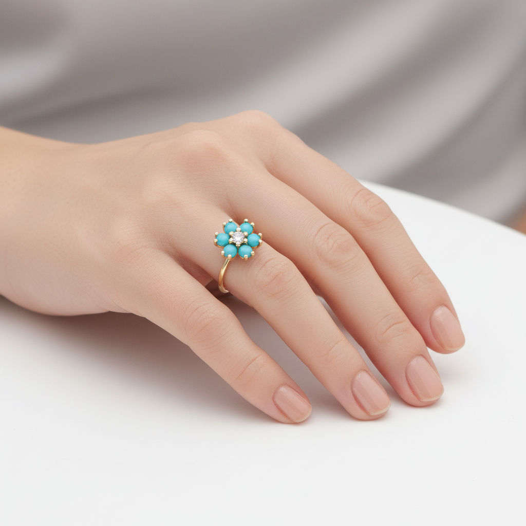 טבעת פרח | יהלום ואבני טורקיז