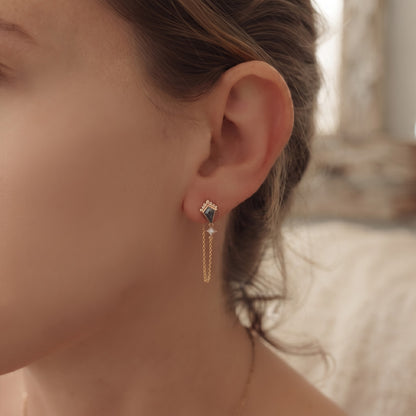 Salt and Pepper diamond kite shape with princess cut diamond dangling earrings.