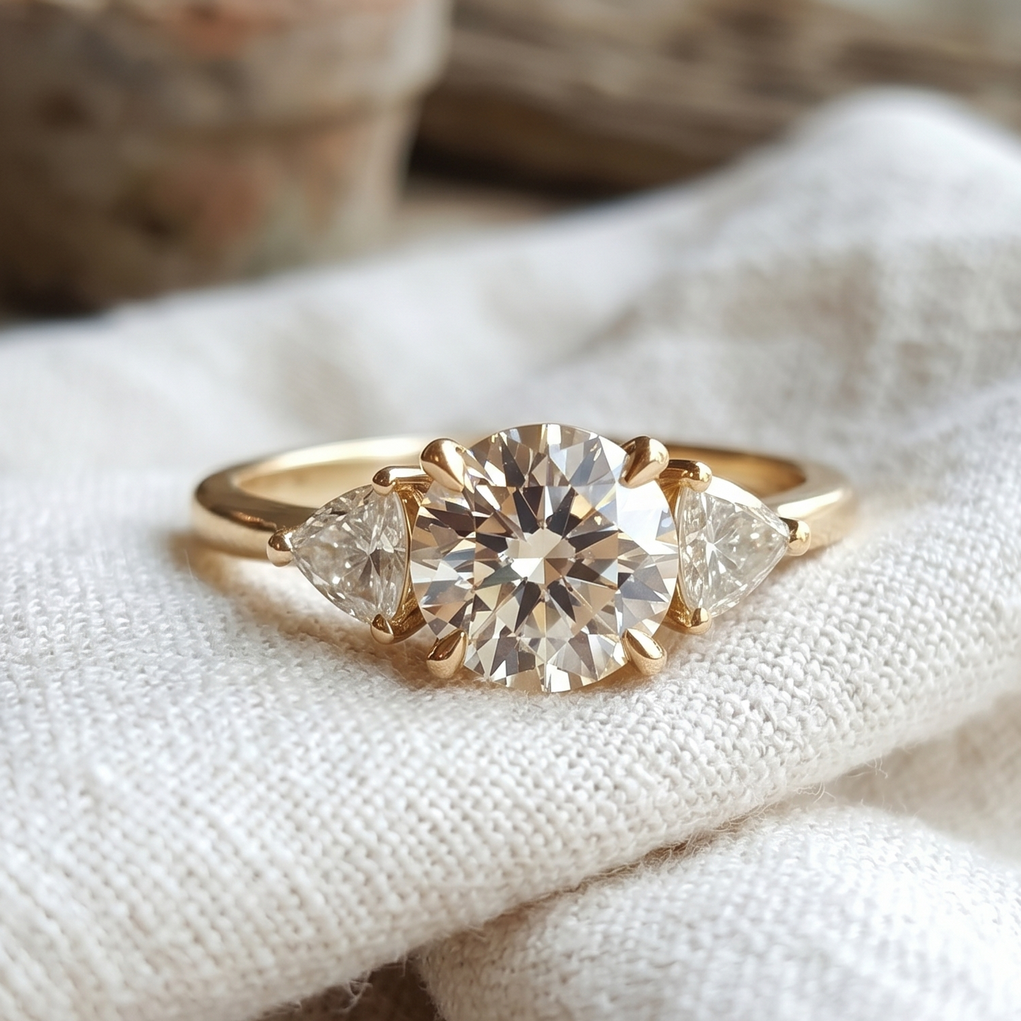 Three-stone diamond ring featuring a round cut and two trilliants diamonds in yellow gold.