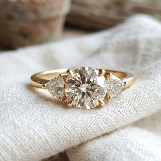 Three-stone diamond ring featuring a round cut and two trilliants diamonds in yellow gold.