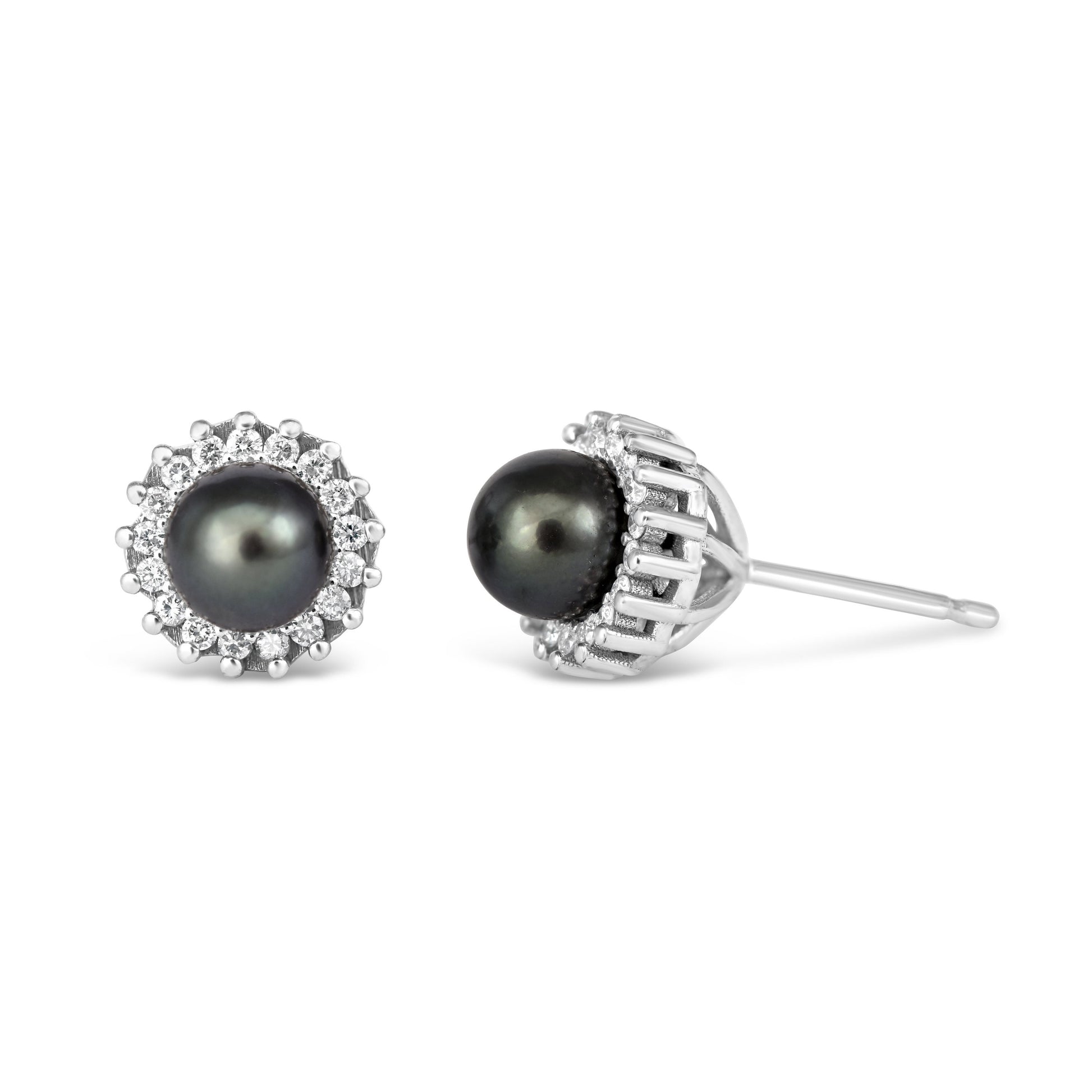 White gold halo earrings featuring natural diamonds surrounding black Tahitian pearl.