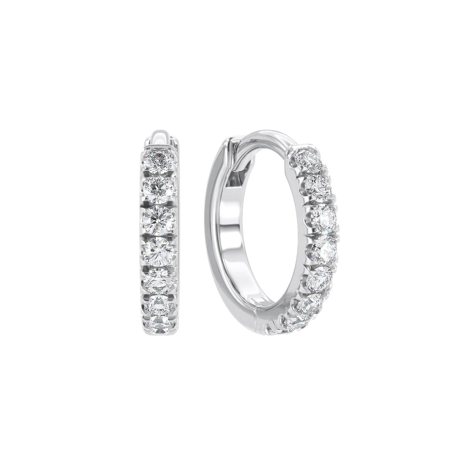 Profile and front views of Diamond Huggie Earrings with diamonds in a pave setting on solid white gold hoops, displayed against a white background